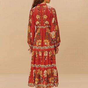 Red Garden Delight Long Sleeve Midi Dress
